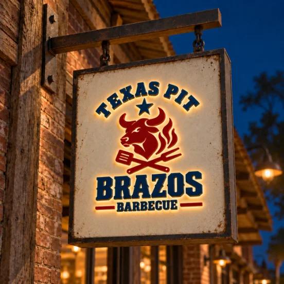 Brazos Barbecue logo with a bull head on a hanging sign at dusk