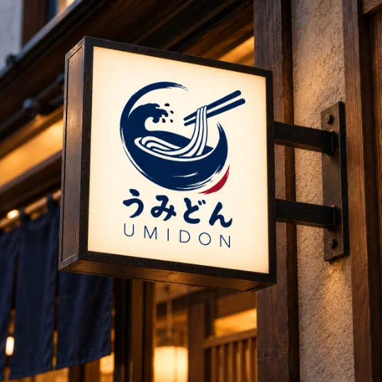 Umidon noodle shop logo on a lit wall sign
