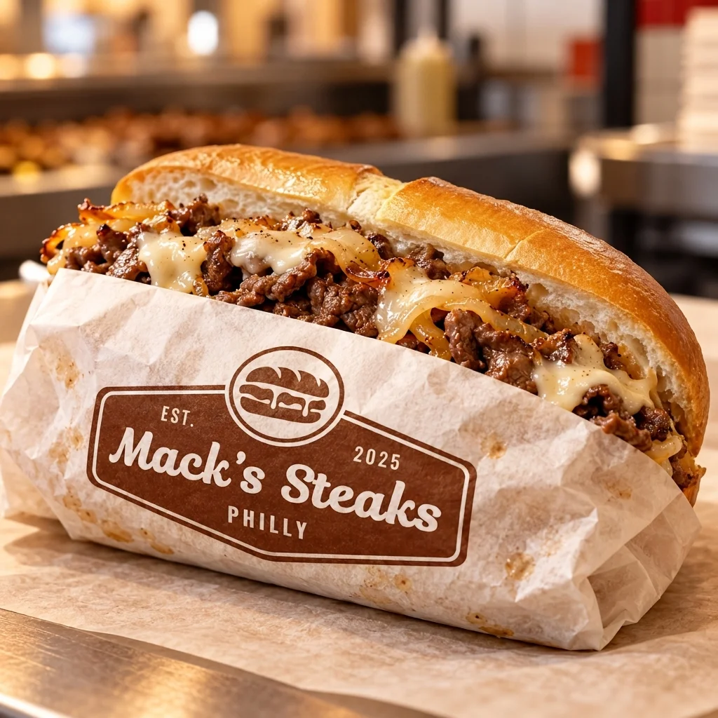 Mack’s Steaks logo printed on a cheesesteak wrapper