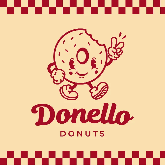 Donello Donuts logo with a cartoon donut mascot making a peace sign