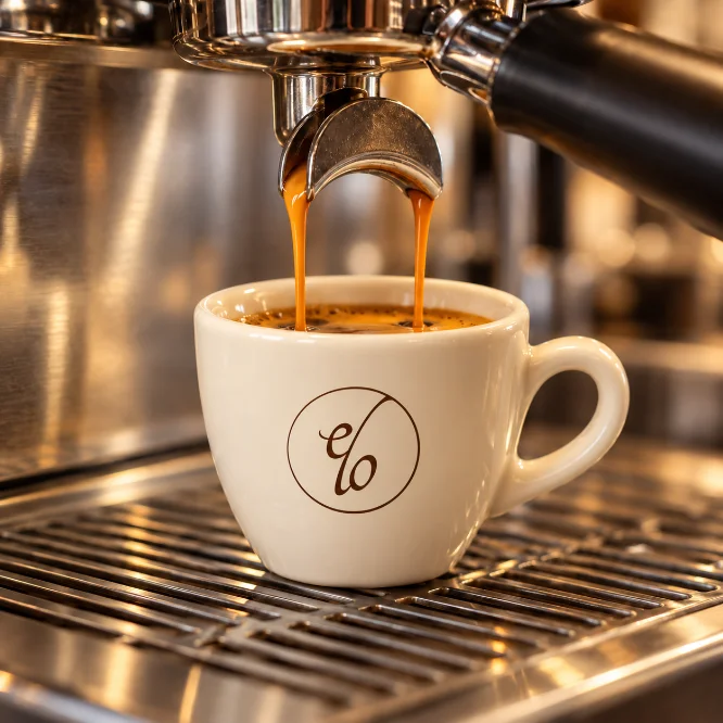 Café monogram logo of Elo on a white espresso cup