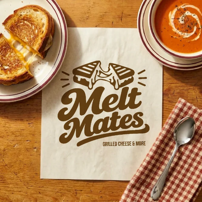 Melt Mates grilled cheese logo on paper beside a sandwich and soup