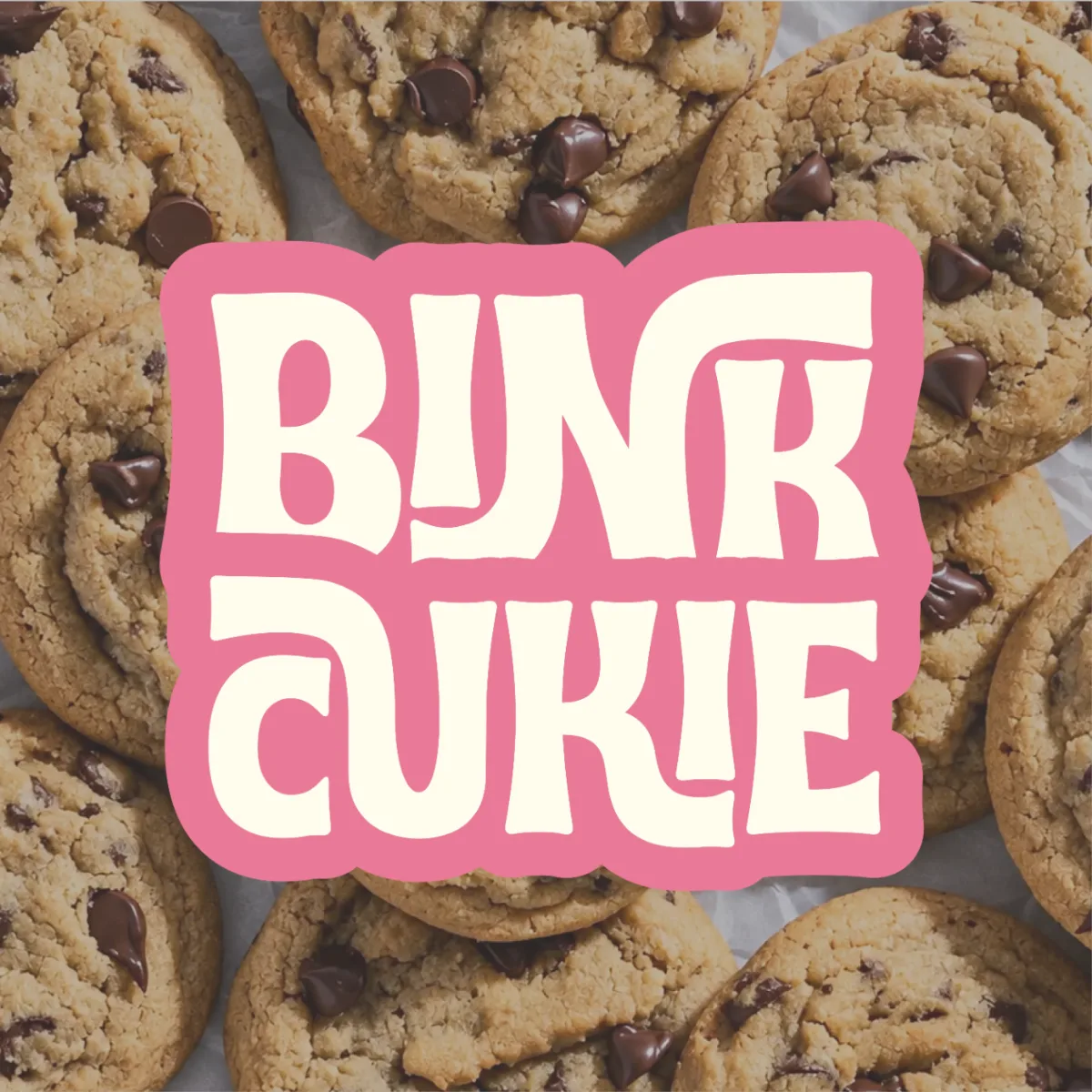 Bink Cukie logo in wobbly pink letters over chocolate chip cookies