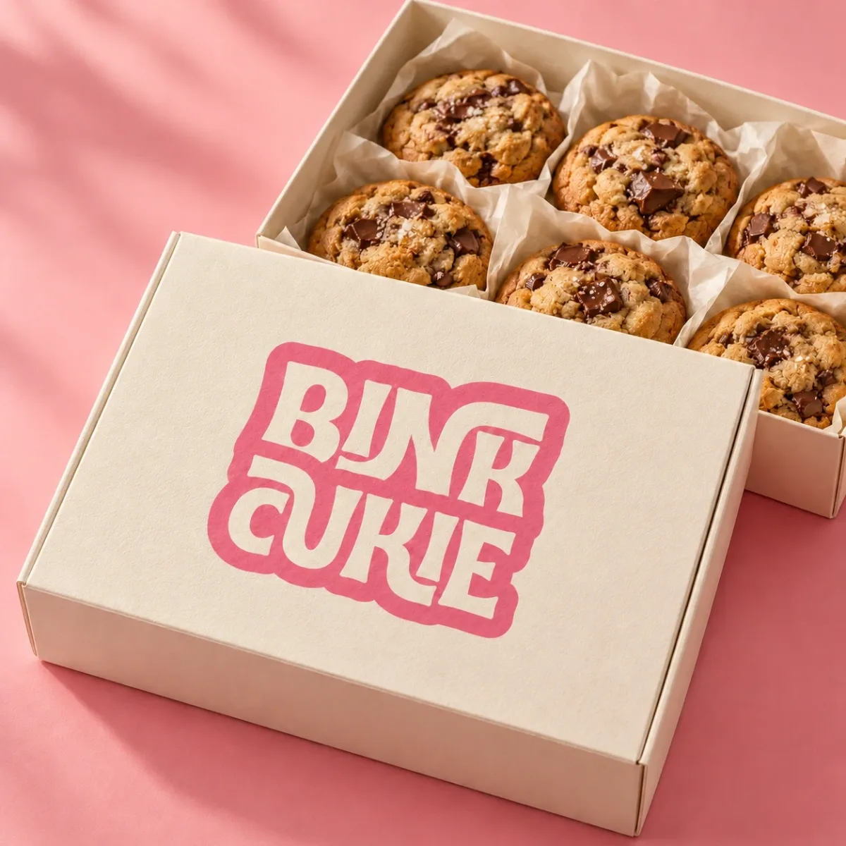 Bink Cukie logo on an open box of chocolate chip cookies