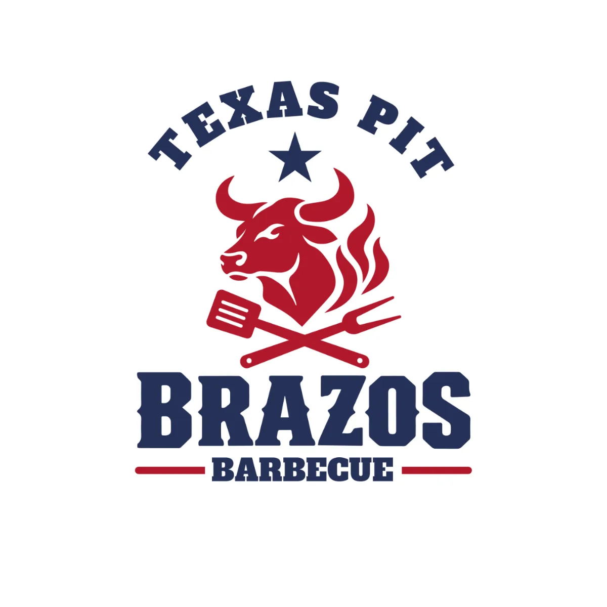 Brazos Barbecue Texas Pit logo with a red bull head and crossed tools, on white