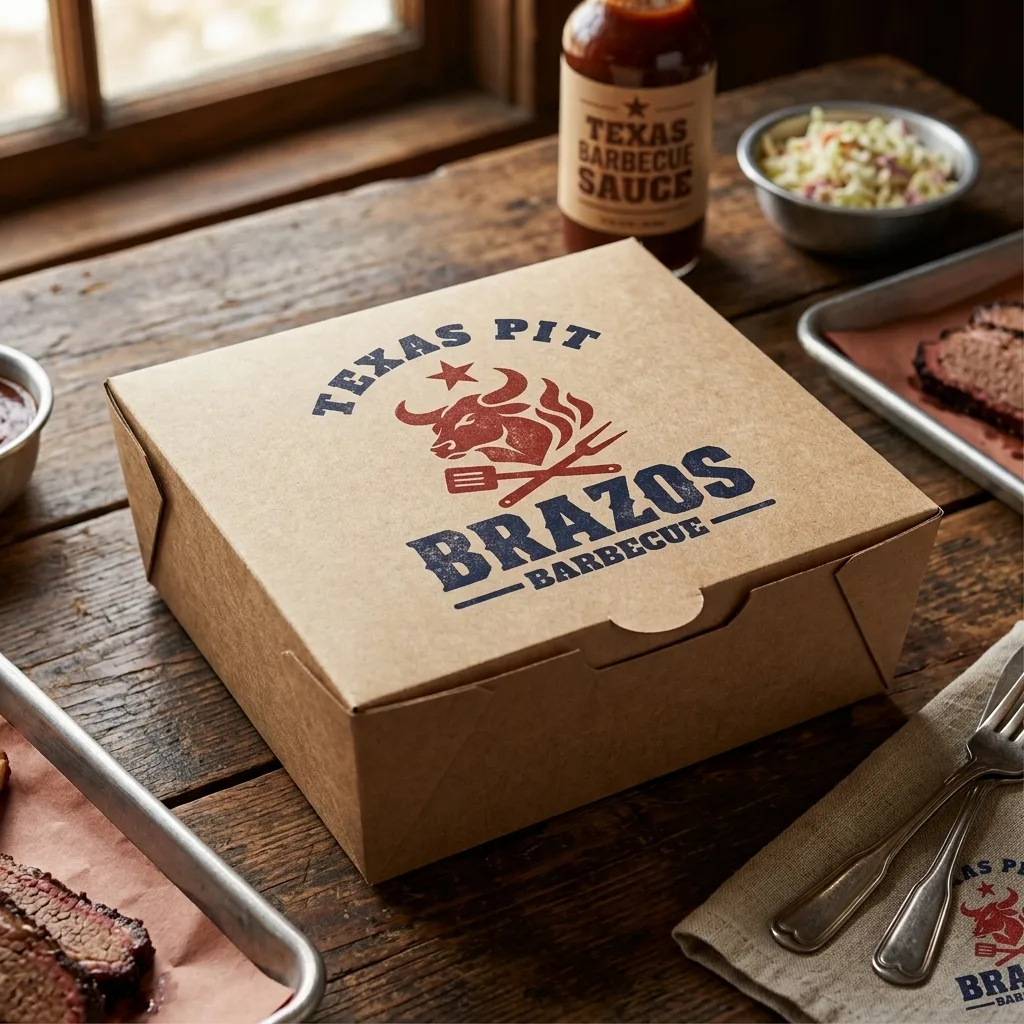 Brazos Barbecue logo printed on a kraft takeout box