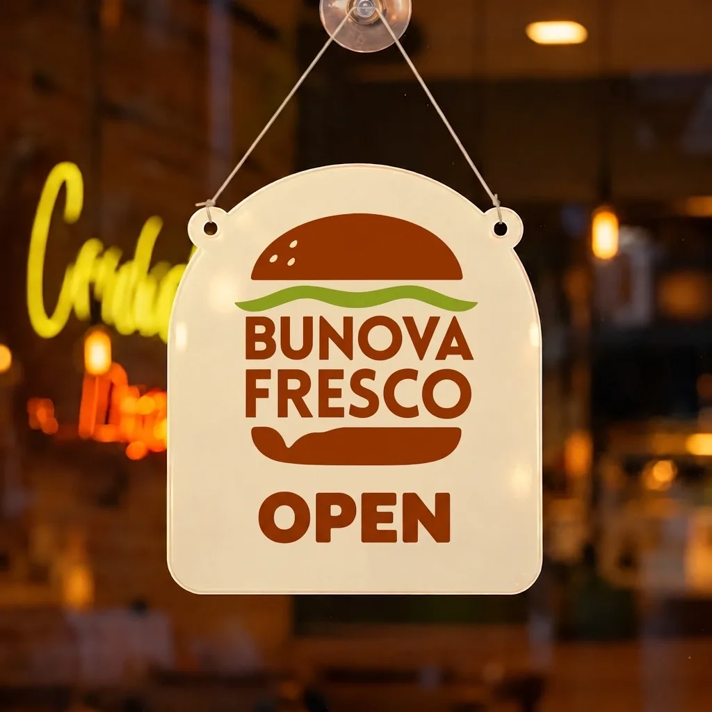 Bunova Fresco Open sign hanging in a restaurant window