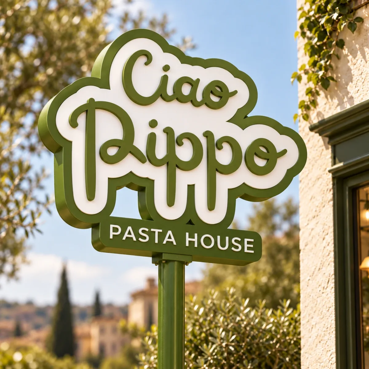 Ciao Pippo Pasta House logo on a pole sign next to a building