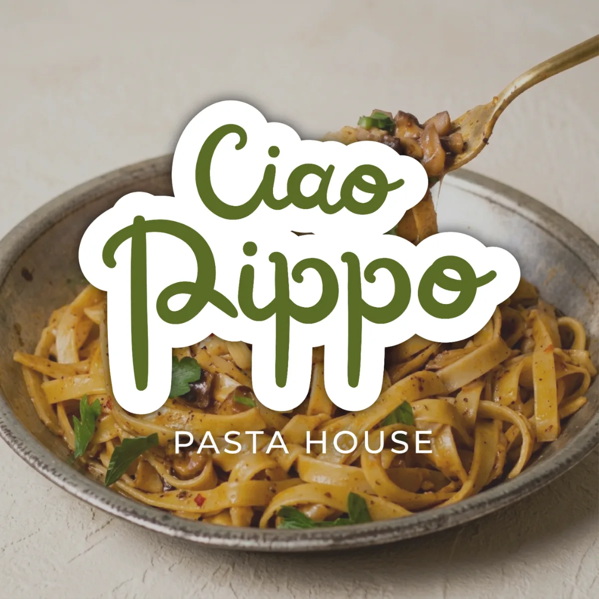 Ciao Pippo Pasta House logo with noodle-like letters over a bowl of pasta