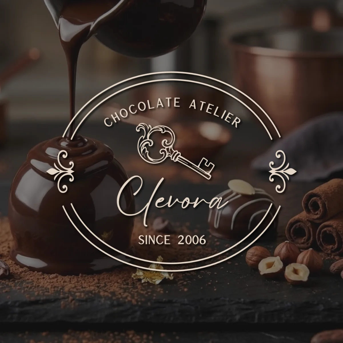Clevora Chocolate Atelier logo over chocolate being poured onto a dark cake