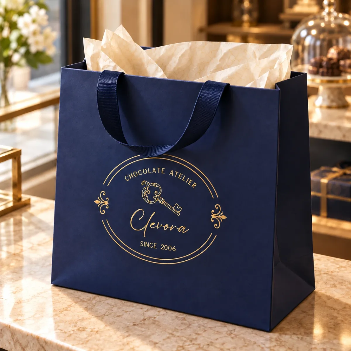 Clevora Chocolate Atelier logo in gold on a navy shopping bag
