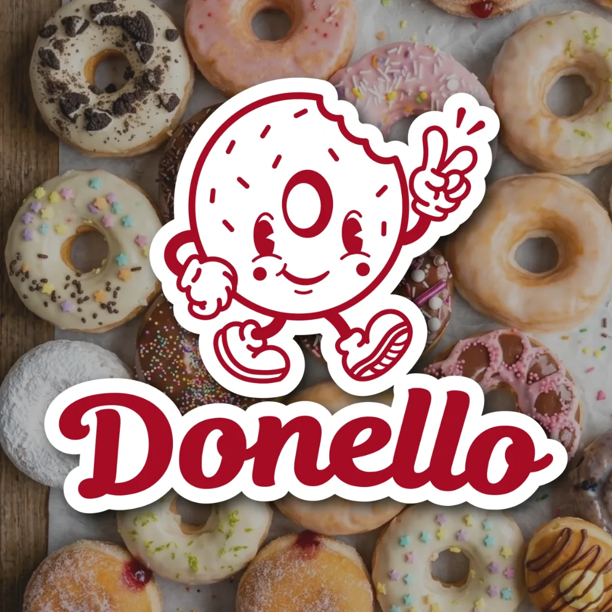 Donello logo sticker with a cartoon donut mascot over sprinkled donuts