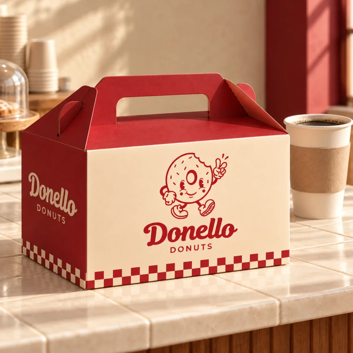 Donello Donuts logo on a red and cream donut box on a café counter