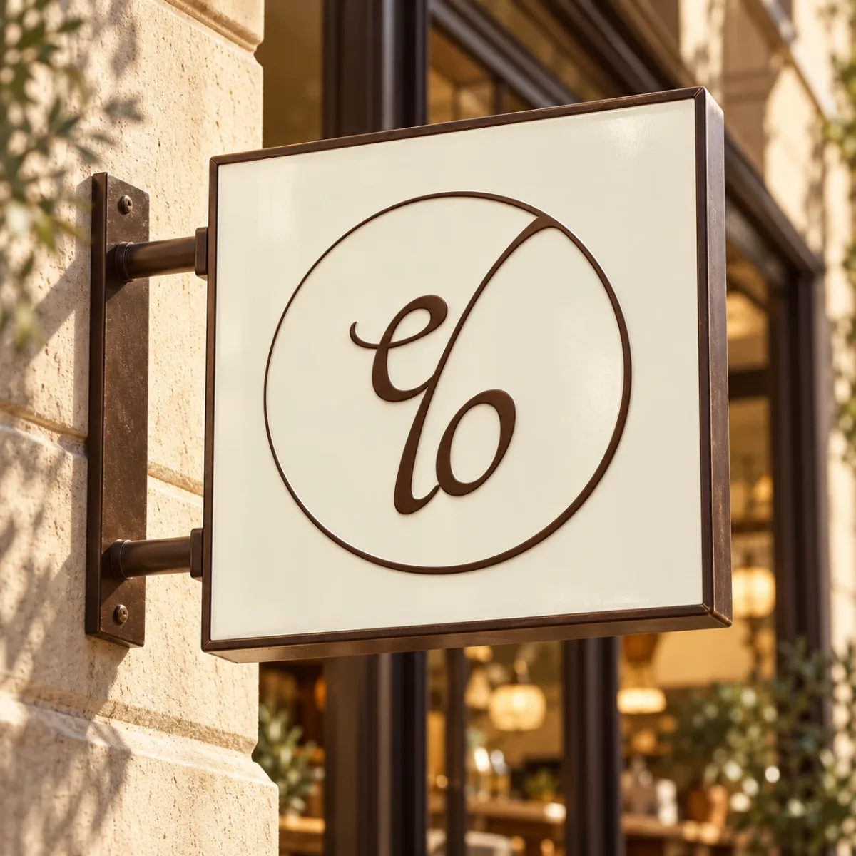 elo café monogram logo on a square wall sign outside a café