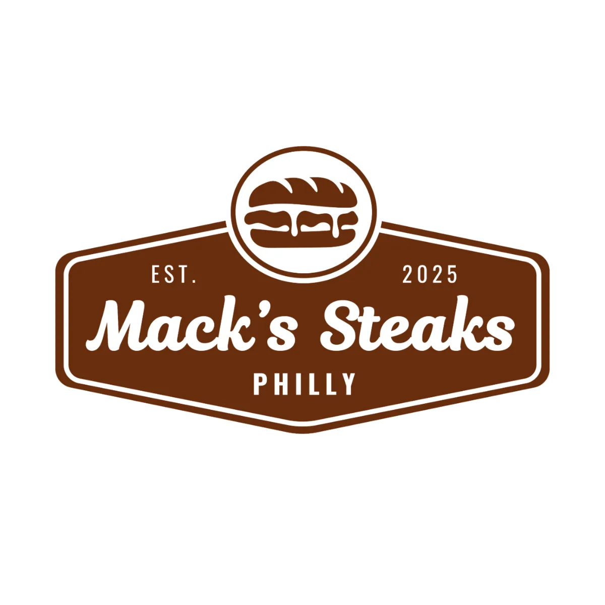 Mack's Steaks Philly badge logo in brown on white