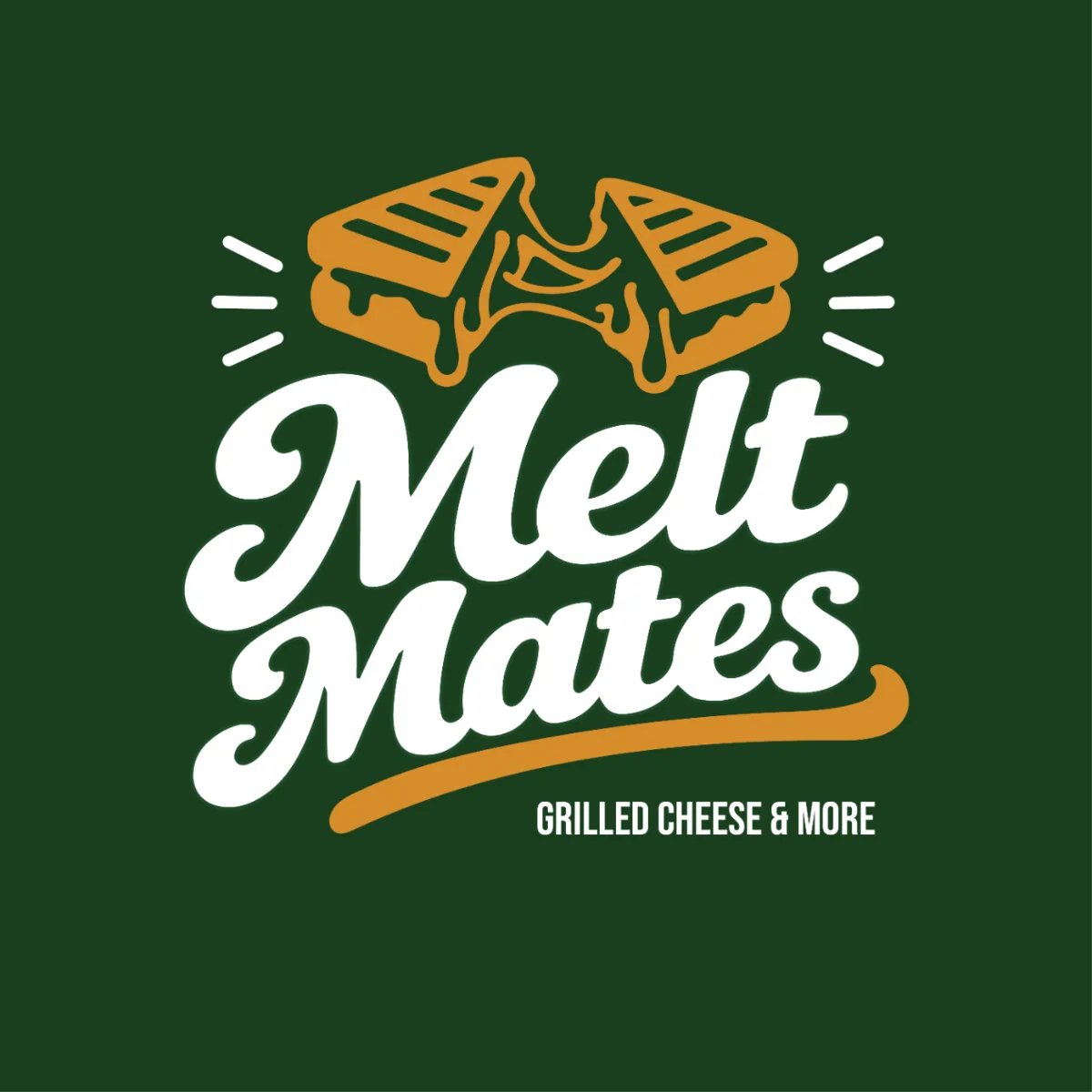 Melt Mates grilled cheese logo in white and orange on dark green