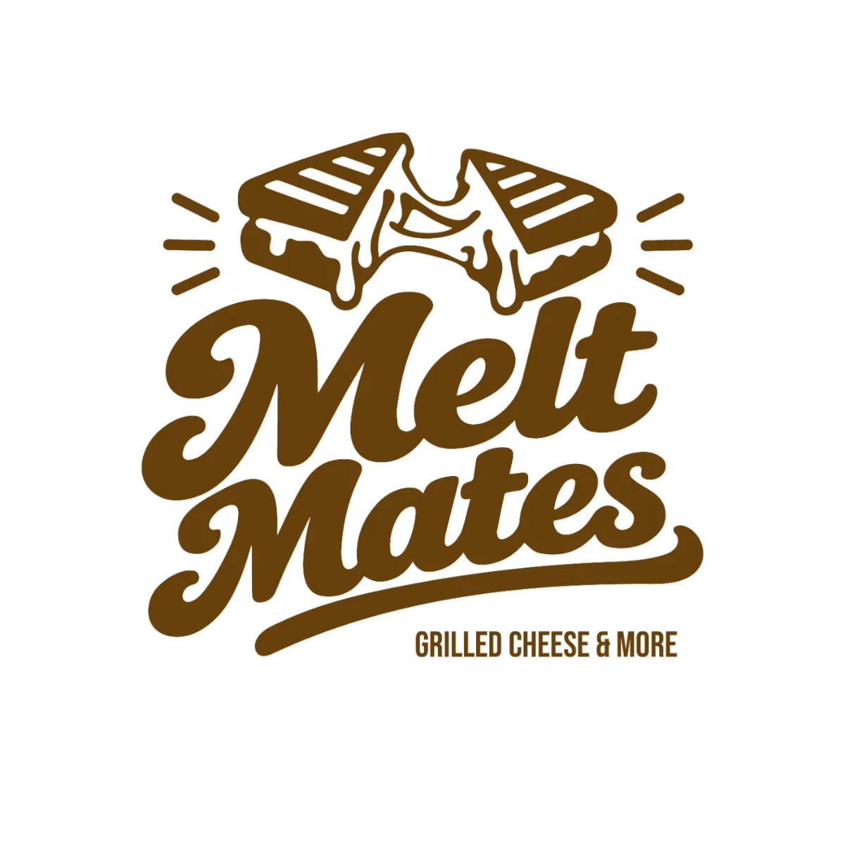 Melt Mates logo with a pulled-apart grilled cheese, in brown on white