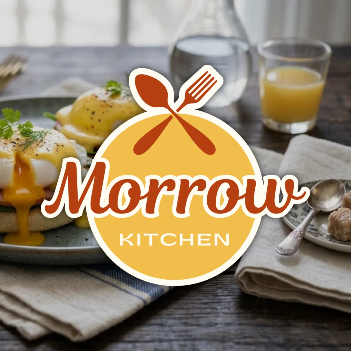 Morrow Kitchen logo with a yellow circle, spoon, and fork over a breakfast table