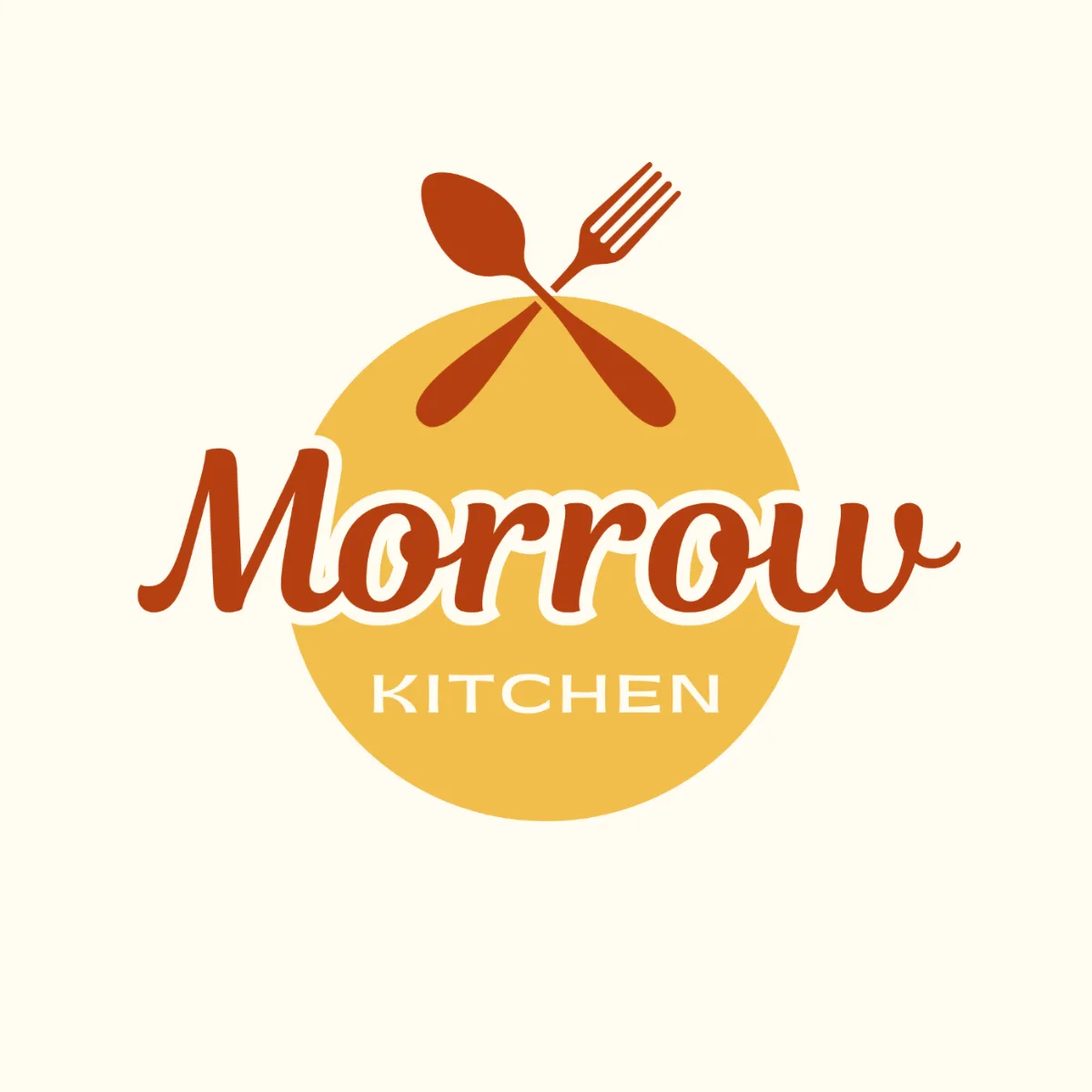 Morrow Kitchen logo with a spoon and fork over a yellow circle, on cream