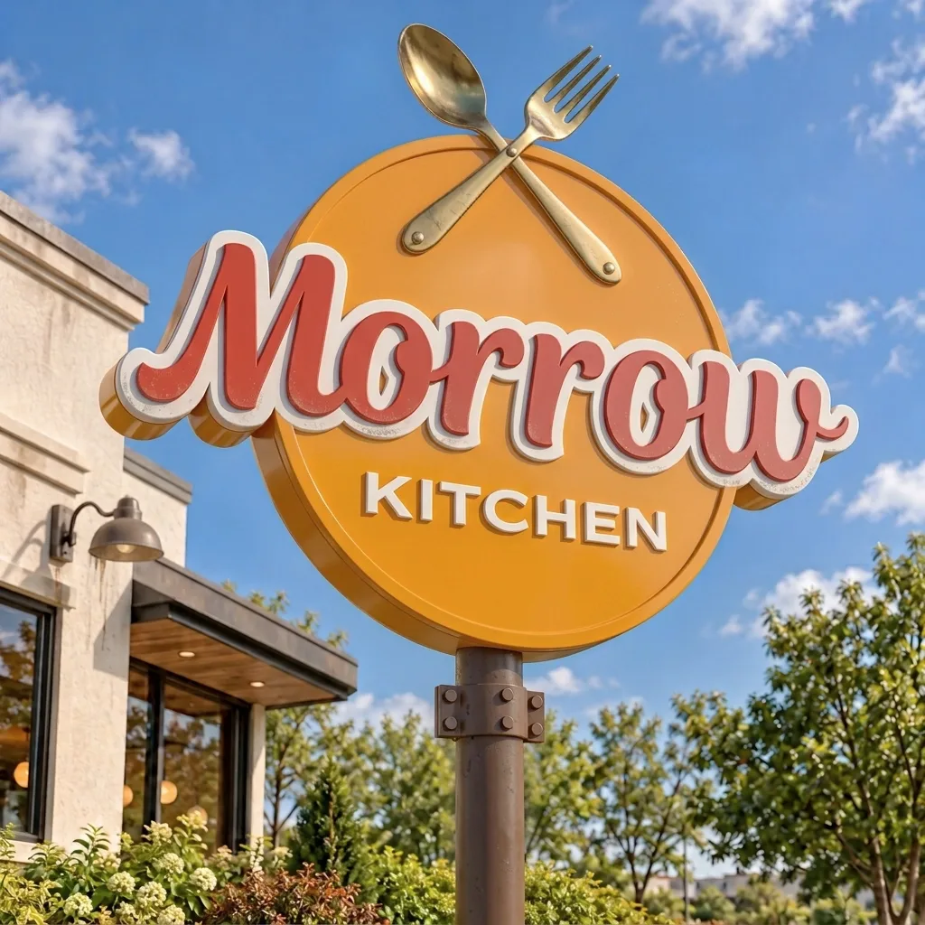 Morrow Kitchen logo on a tall roadside diner sign against a blue sky
