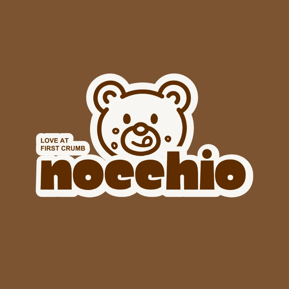 Nocchio Scone Shop logo, a bear licking its lips with crumbs on its face, in white on brown