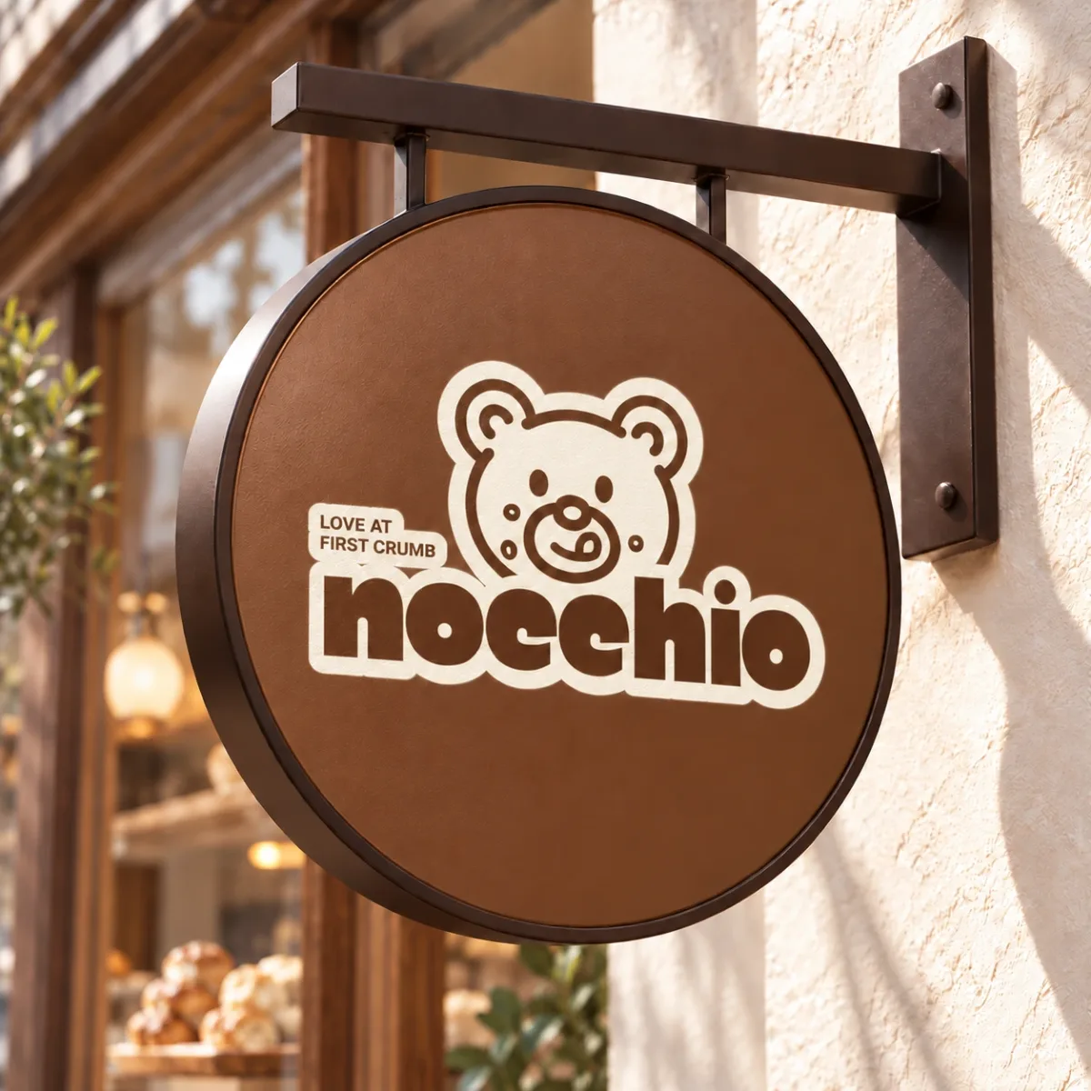 Nocchio logo on a round hanging sign outside a scone shop