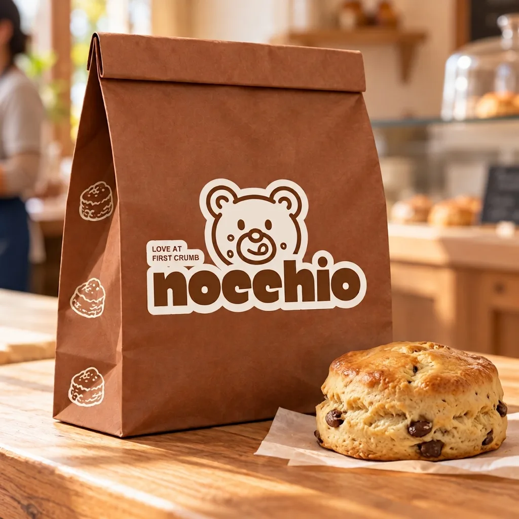 Nocchio logo on a brown paper bag beside a scone