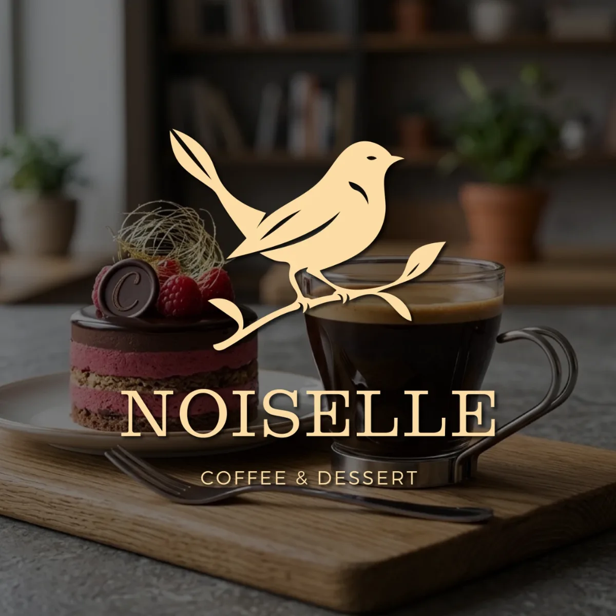 Noiselle Coffee & Dessert logo with a bird on a branch over cake and coffee