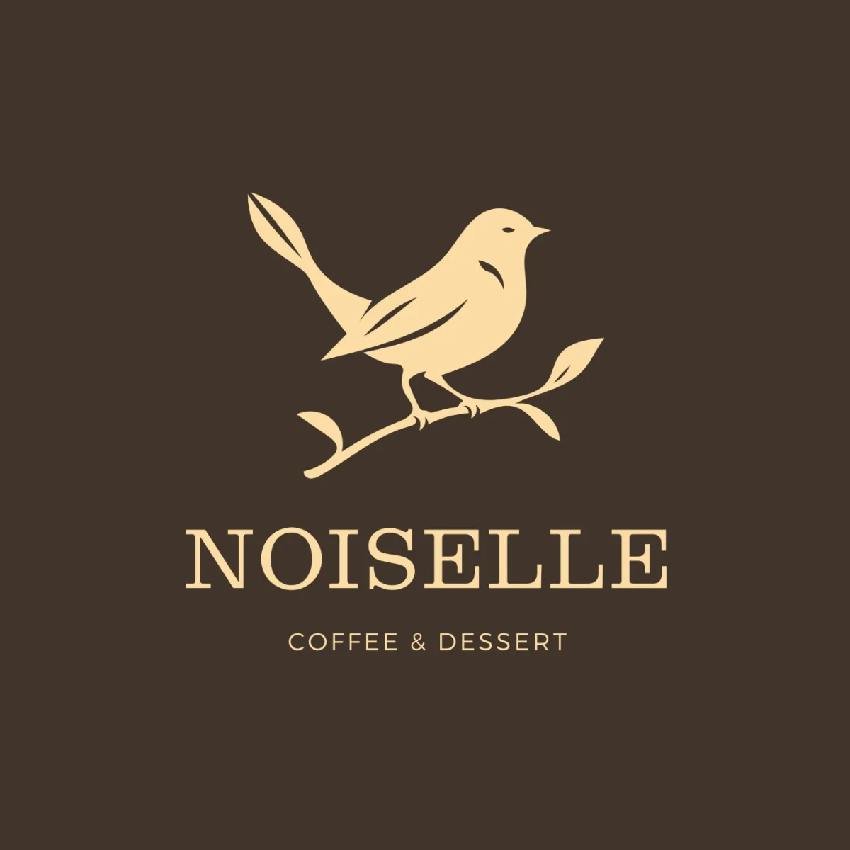 Noiselle Coffee & Dessert logo with a bird on a branch, in cream on dark brown