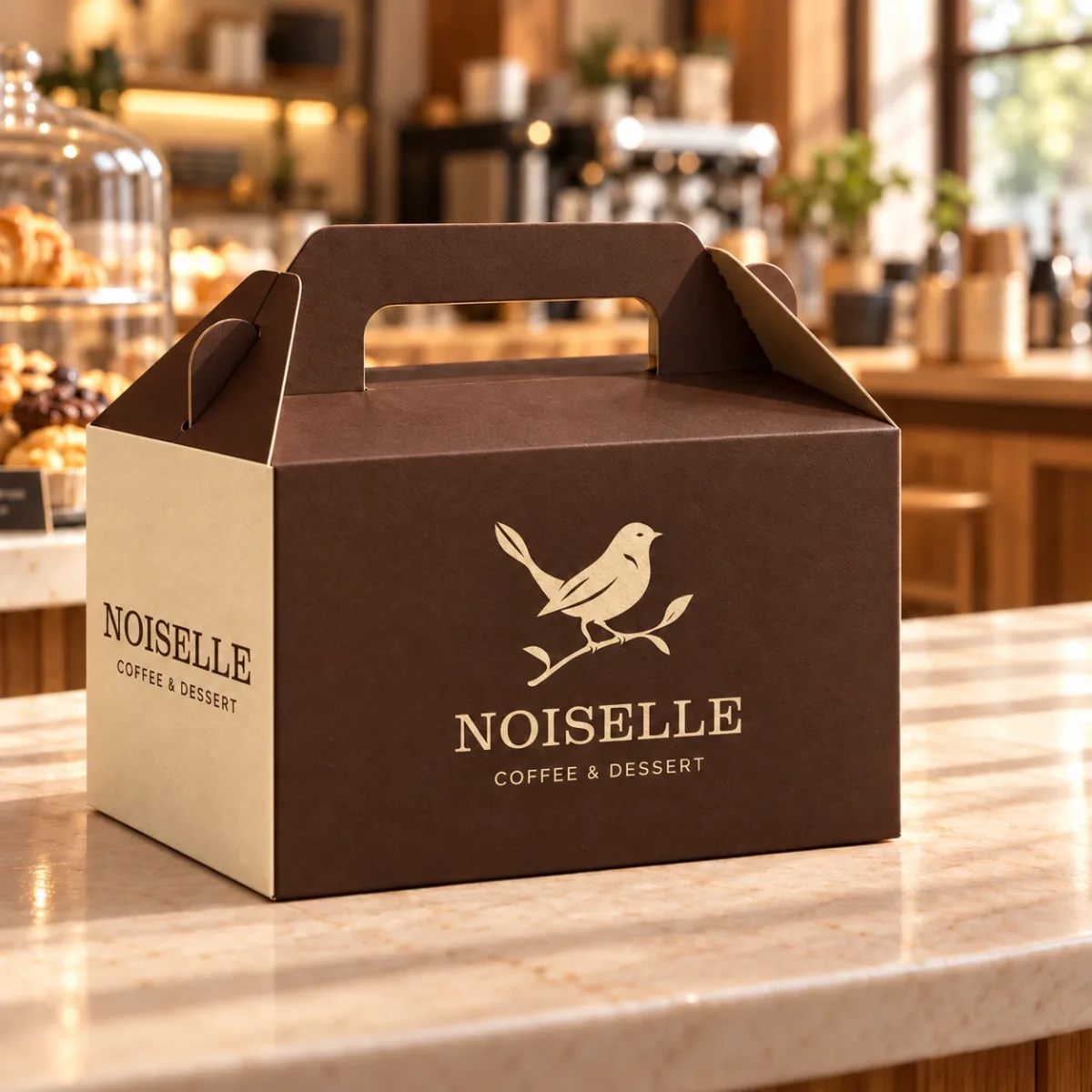 Noiselle logo on a brown takeout box on a café counter