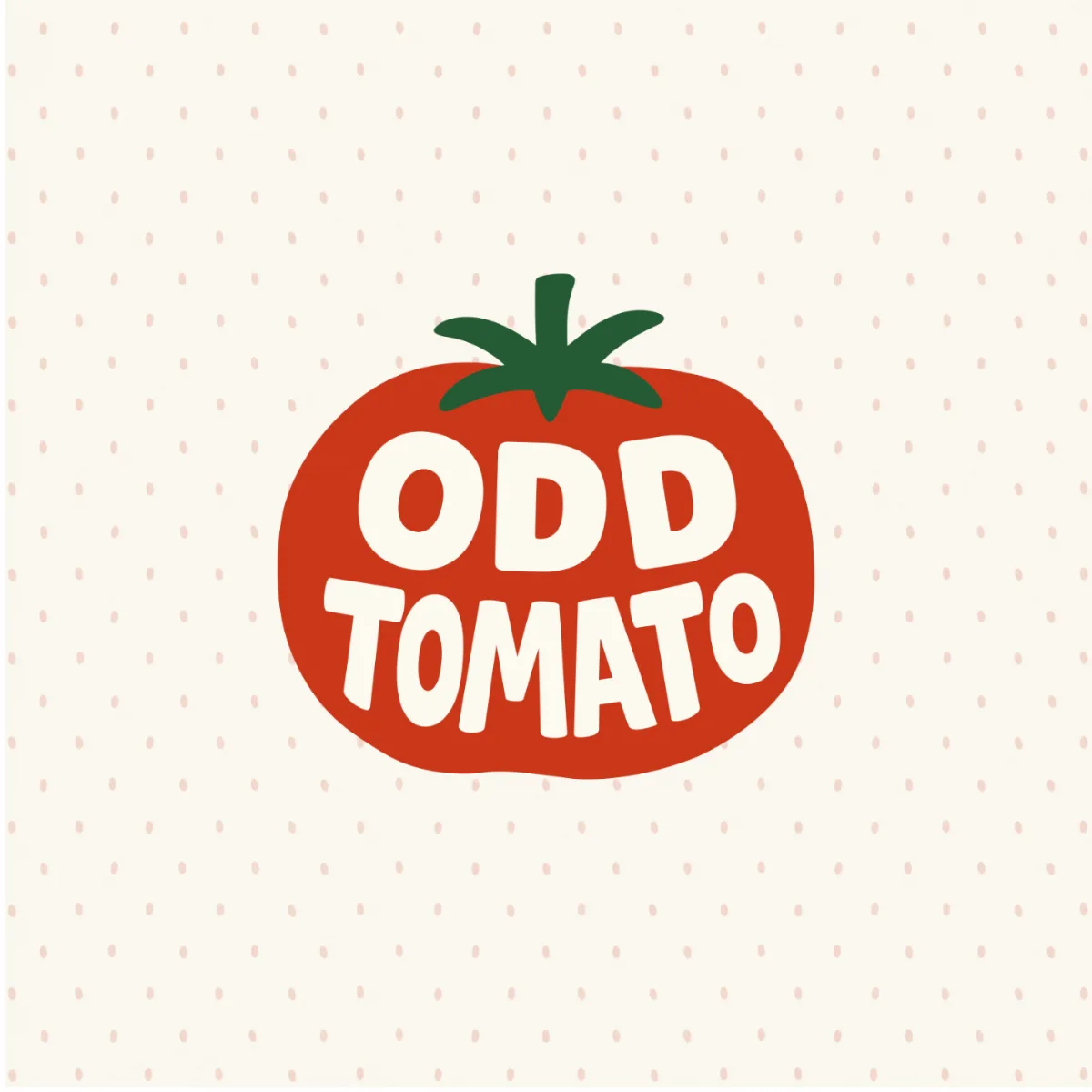 Odd Tomato logo, white letters in a red tomato shape, on cream