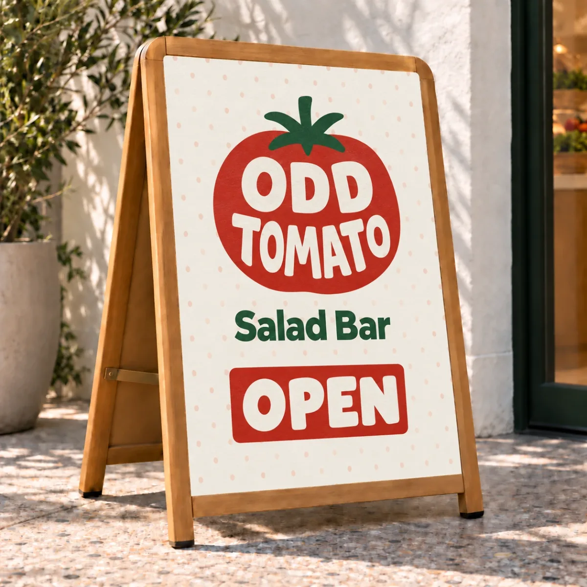 Odd Tomato Salad Bar logo on a sidewalk sign reading Open