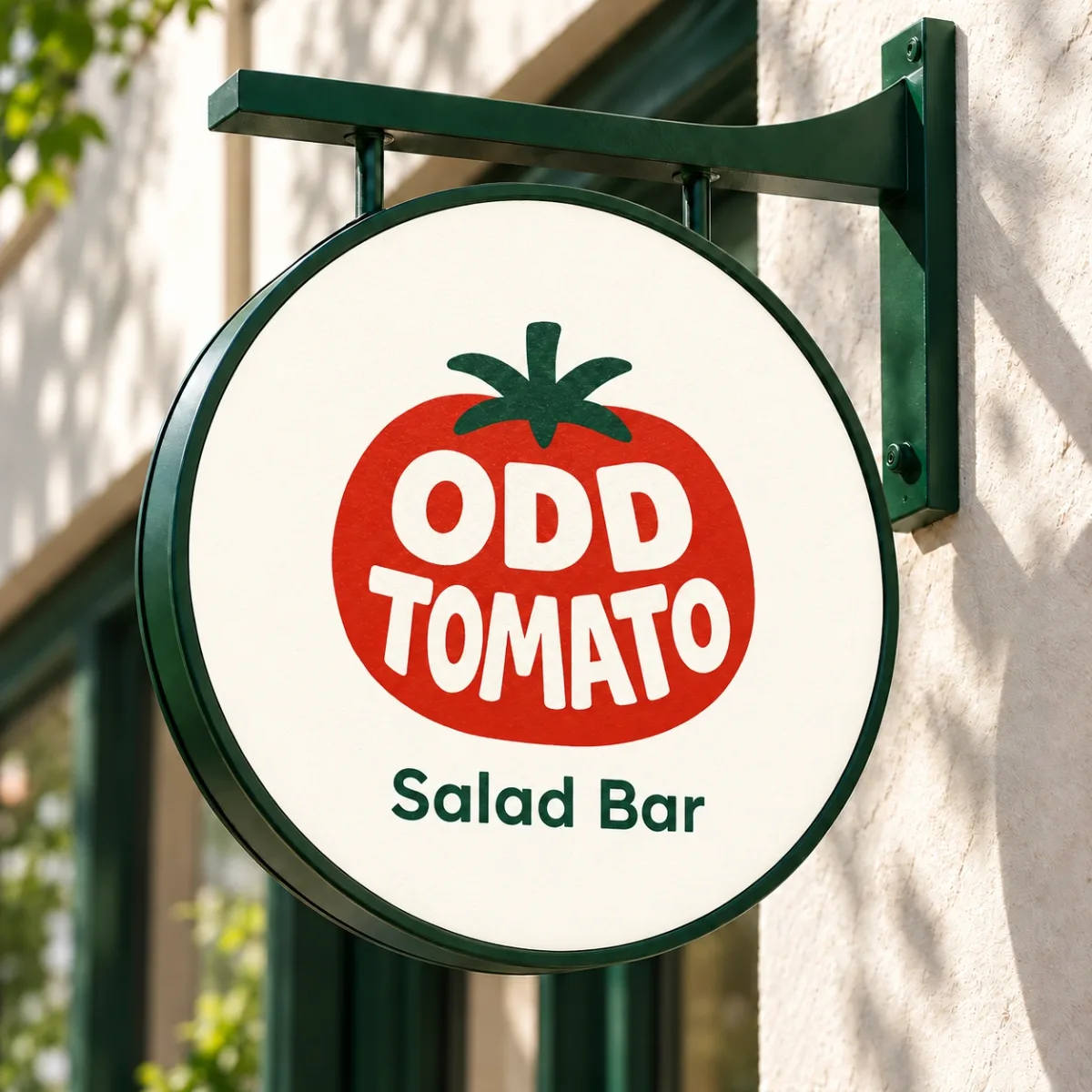 Odd Tomato Salad Bar logo on a round hanging sign outside a shop