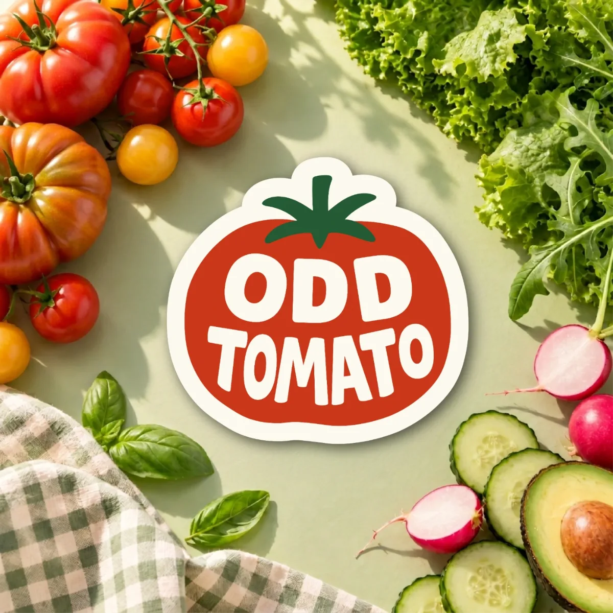 Odd Tomato logo in a red tomato shape surrounded by fresh vegetables