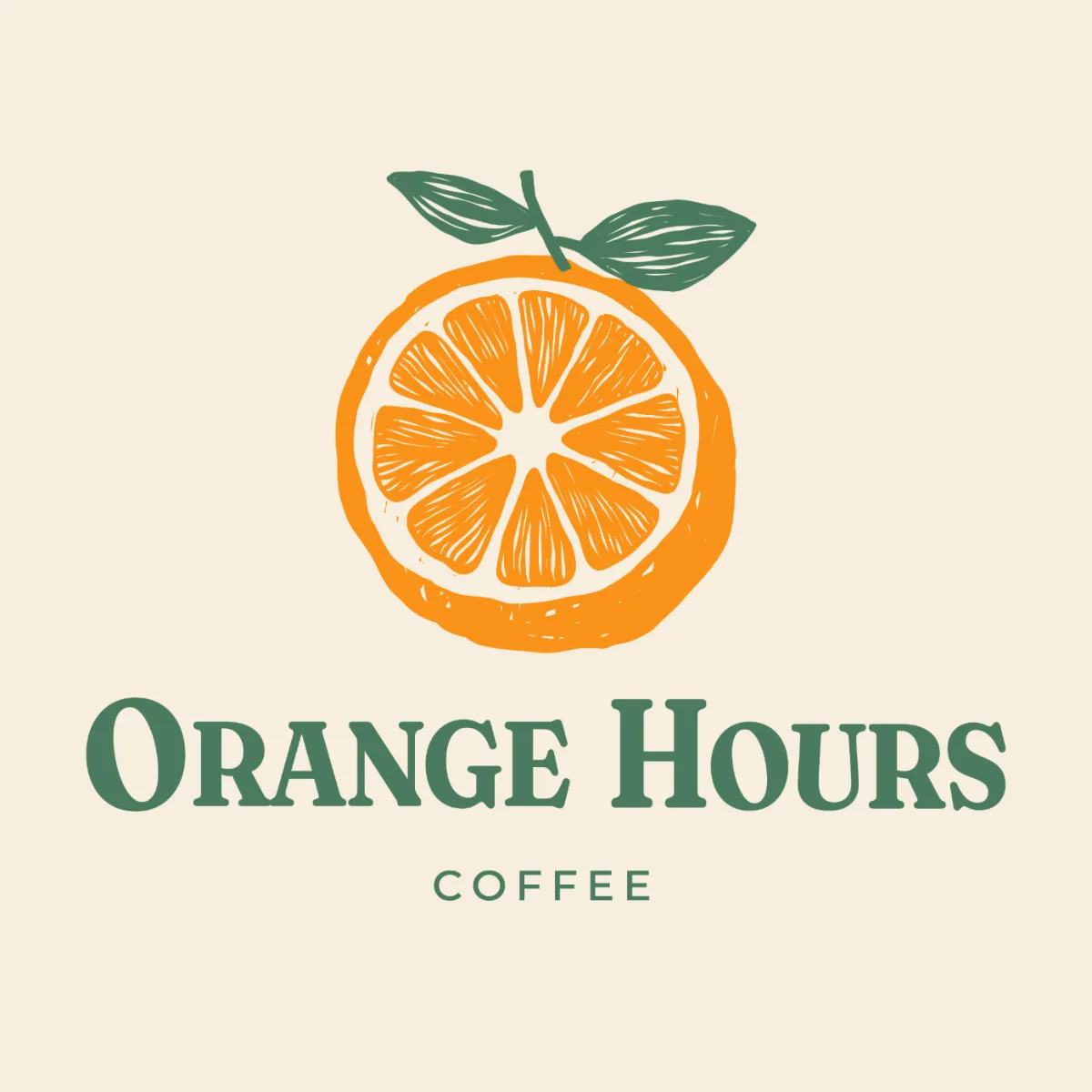Orange Hours Coffee logo with a sliced orange and green leaves