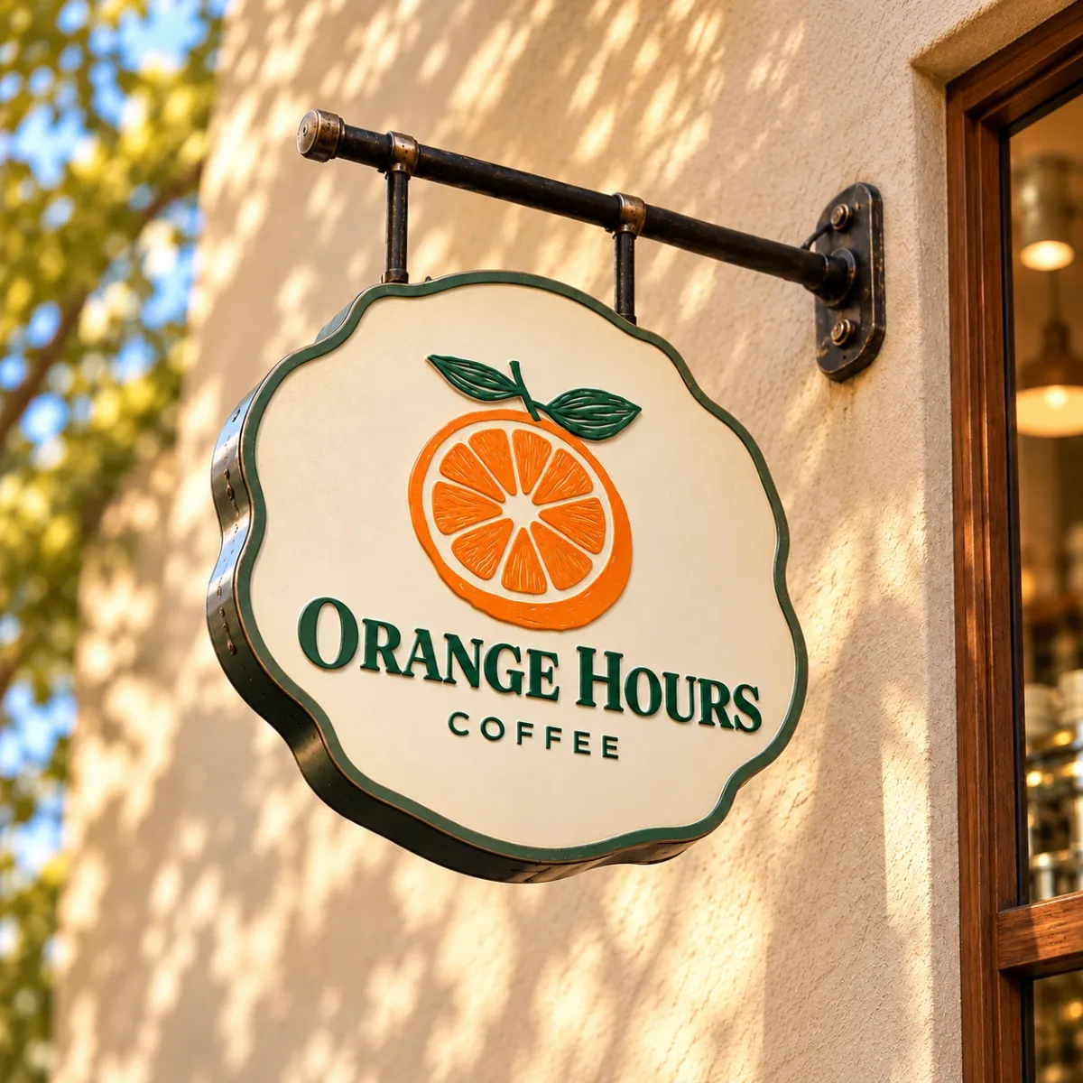 Orange Hours Coffee logo on a hanging wall sign in sunlight