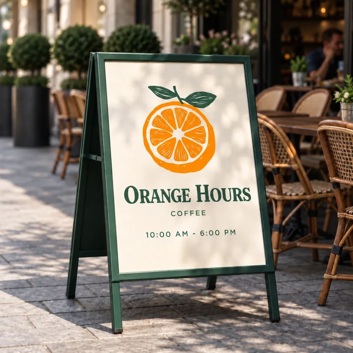 Orange Hours Coffee logo and opening hours on a sidewalk sign outside a café