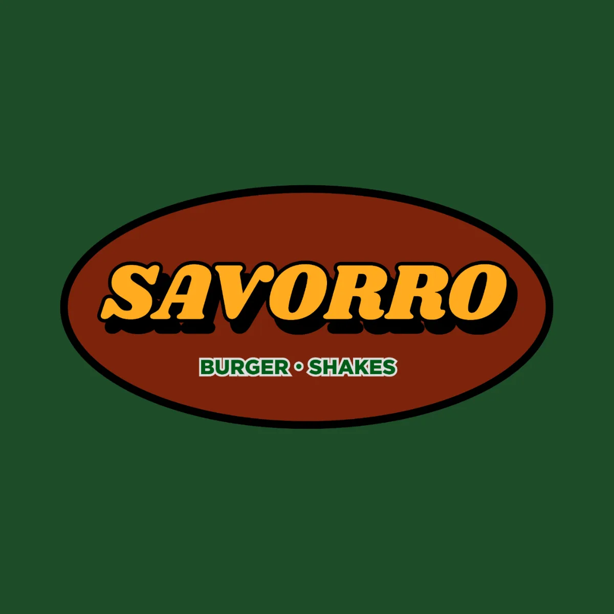 Savorro Burger & Shakes logo in a brown oval, on dark green