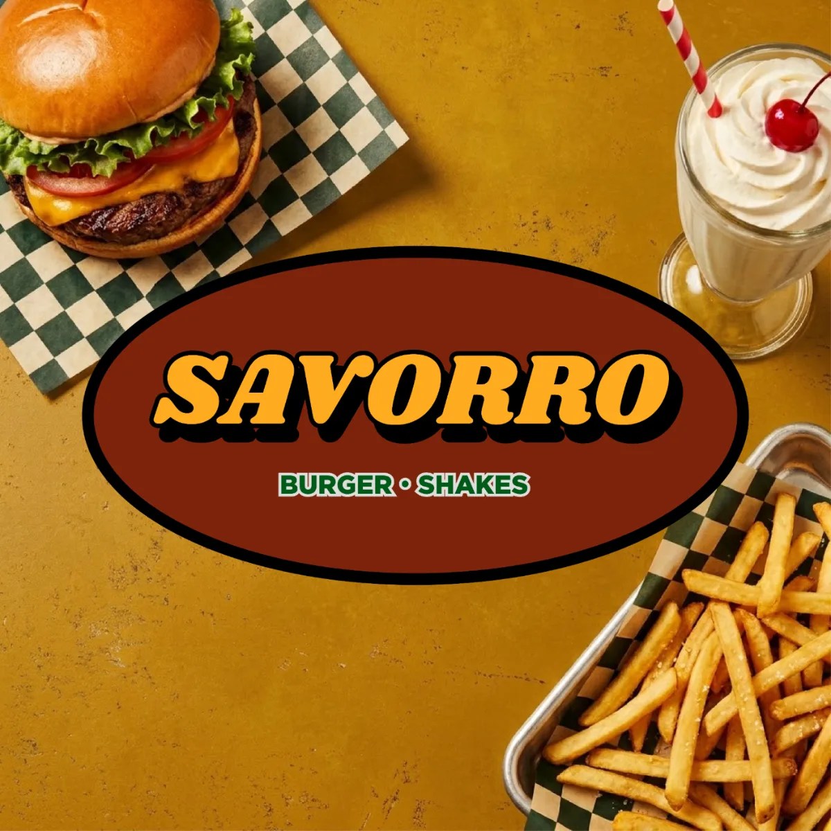 Savorro Burger & Shakes logo with a burger, fries, and a milkshake