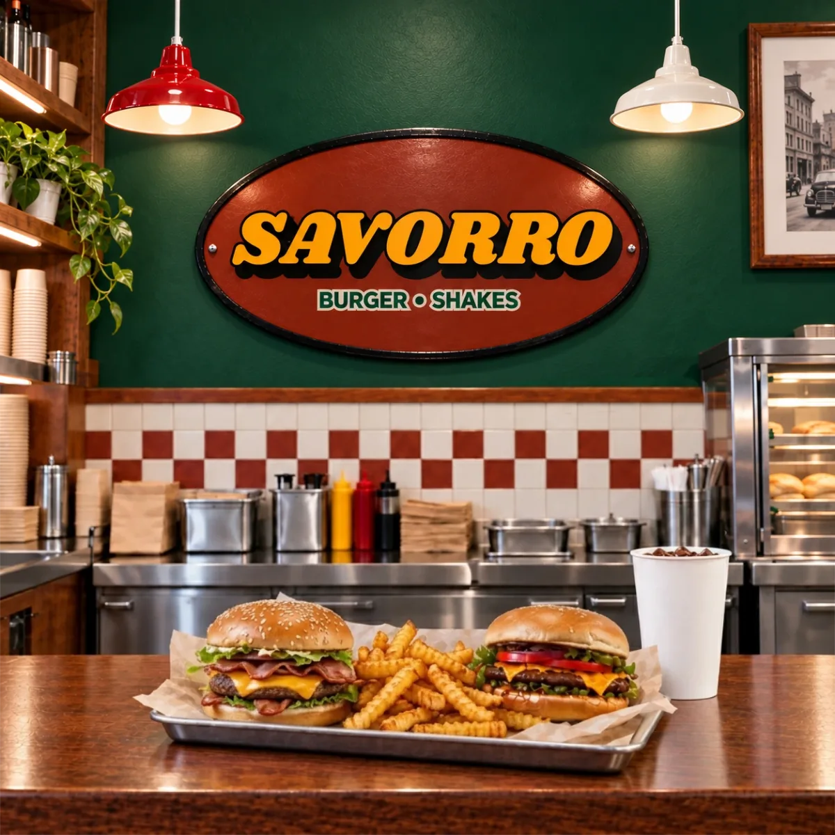 Savorro Burger & Shakes logo on a diner wall above a counter of burgers