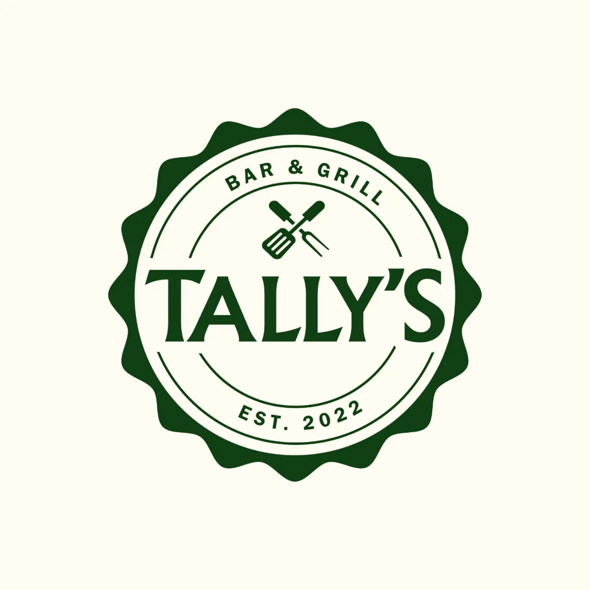 Tally's Bar & Grill round badge logo in green on cream