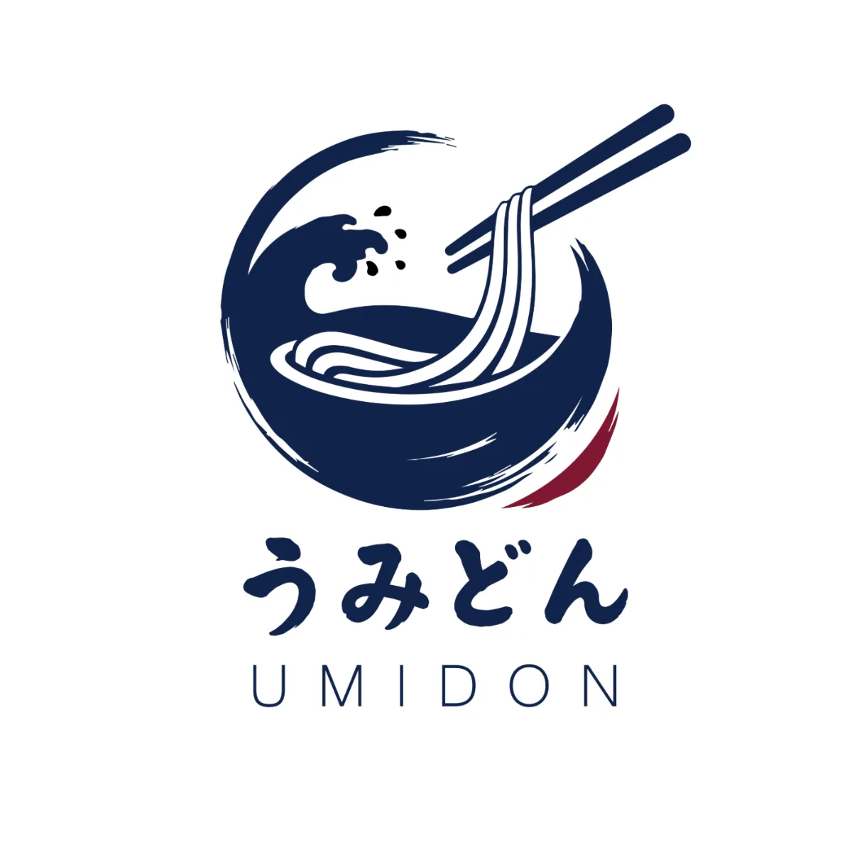 Umidon noodle shop logo with a wave and chopsticks over a bowl, in navy on white