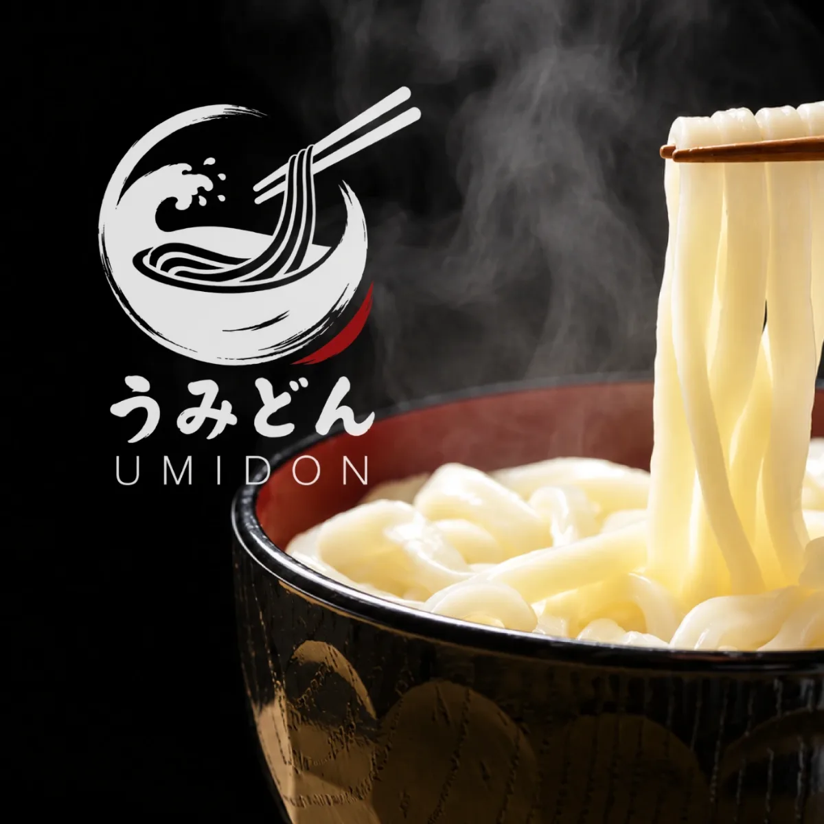 Umidon logo in white on black beside a steaming bowl of udon noodles