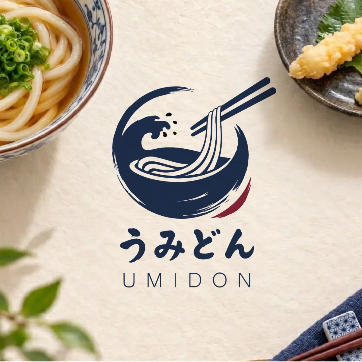 Umidon logo with a wave and chopsticks over a noodle bowl, on a table with udon