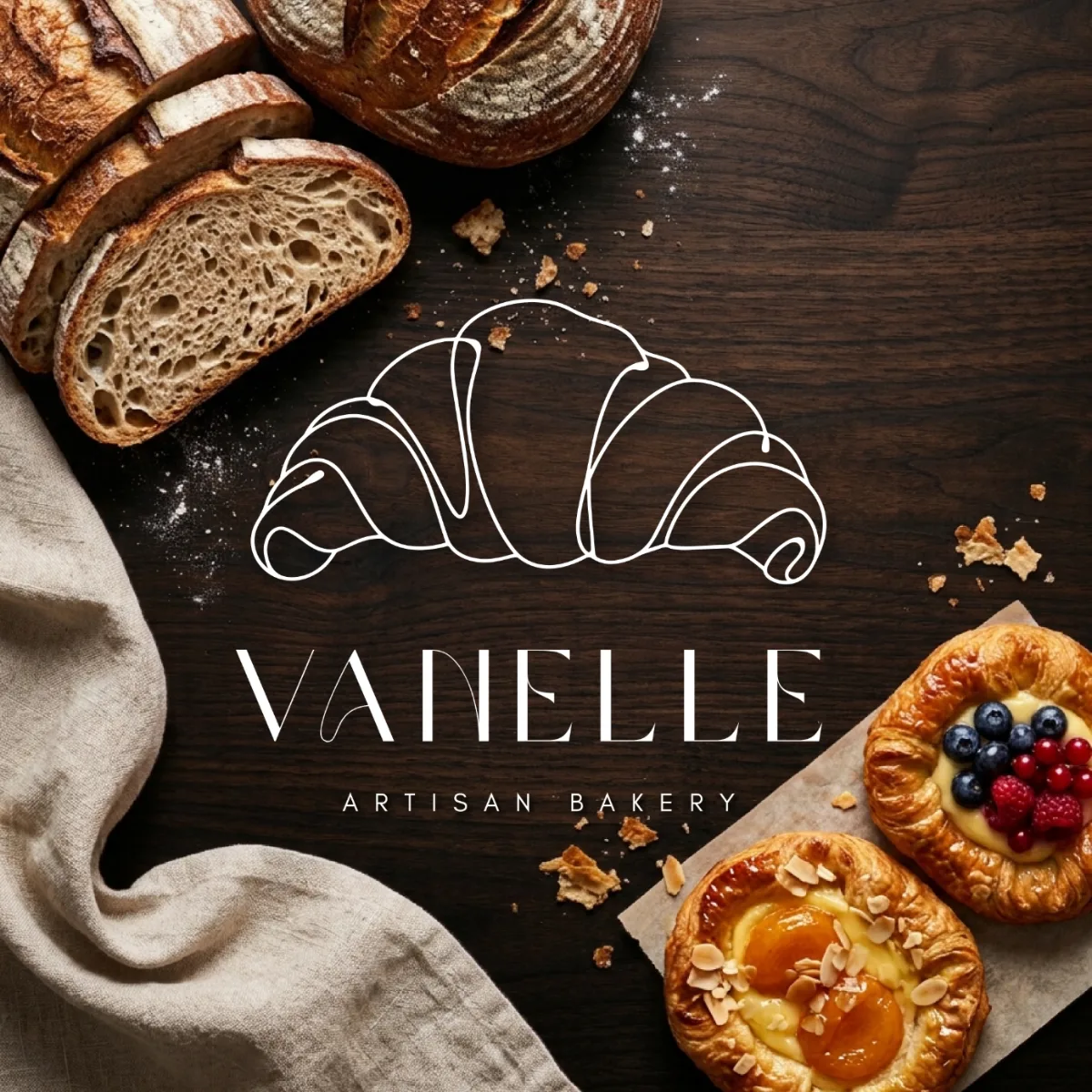 Vanelle logo in white on dark wood beside bread and pastries