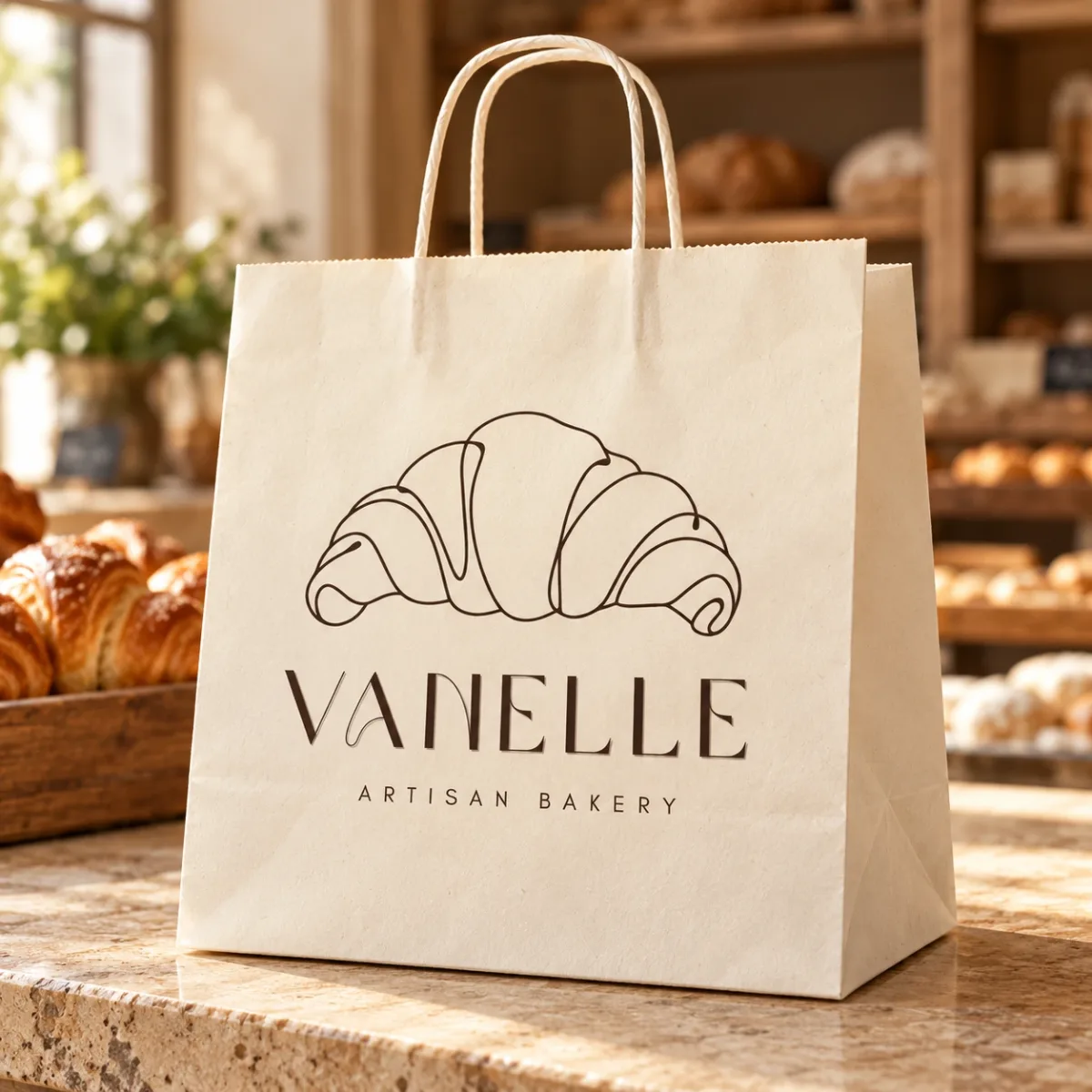 Vanelle Artisan Bakery logo on a white paper shopping bag